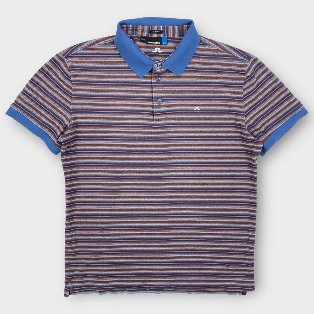 $115 J Lindeberg Polo Shirt Mens Large Striped Dev Slim Lux Pique Logo Golf - Picture 2 of 9
